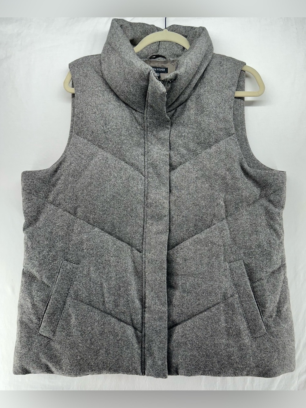 EILEEN FISHER Quilted Wool Tweed Down Fill Jacket Vest Taupe Gray Size M